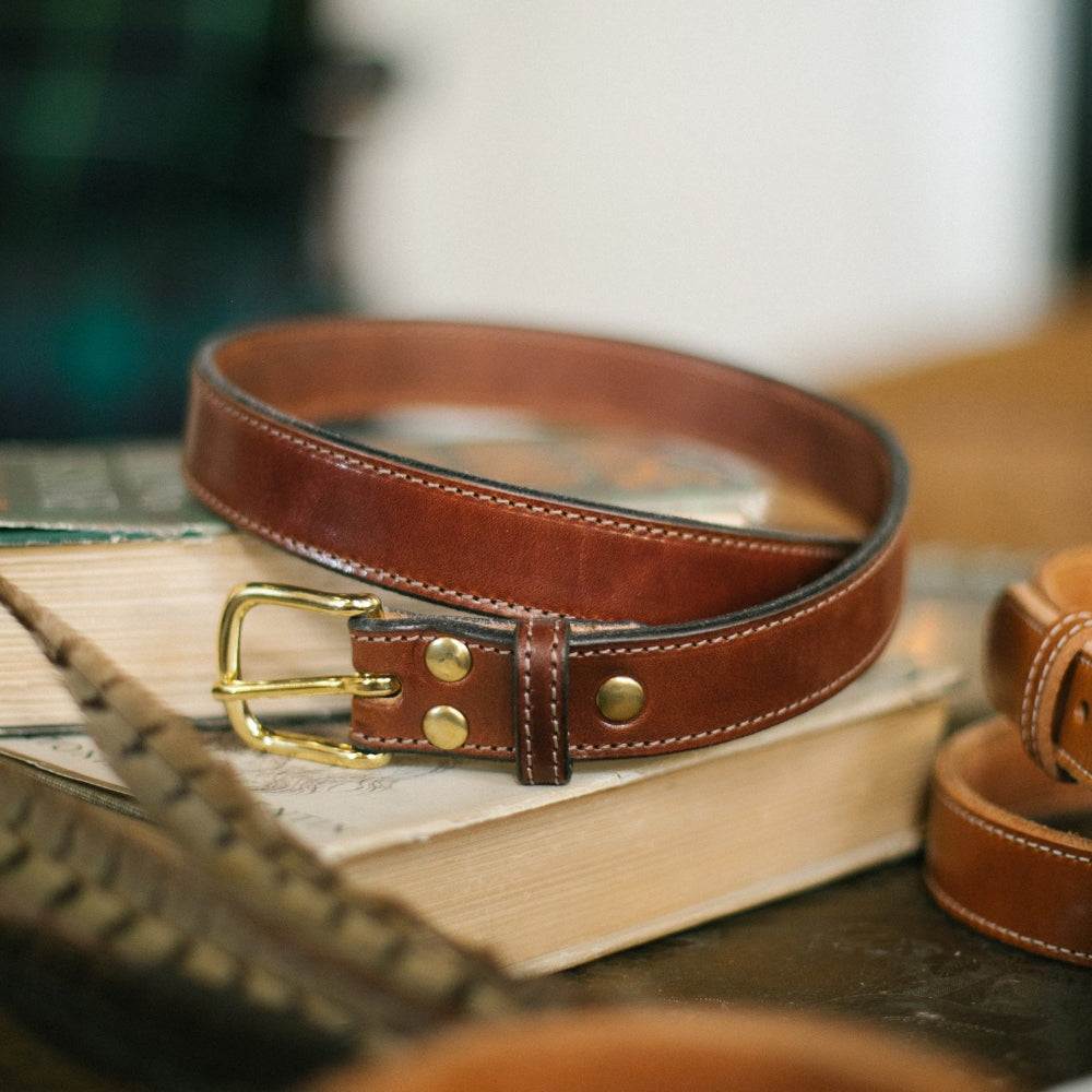 A brown leather belt with a gold-tone buckle, resting on vintage books with a blurred rustic background.